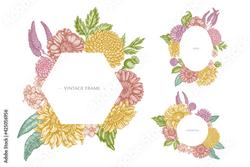 Floral frames with pastel poppy flower, gerbera, sunflower, milkweed, dahlia, veronica