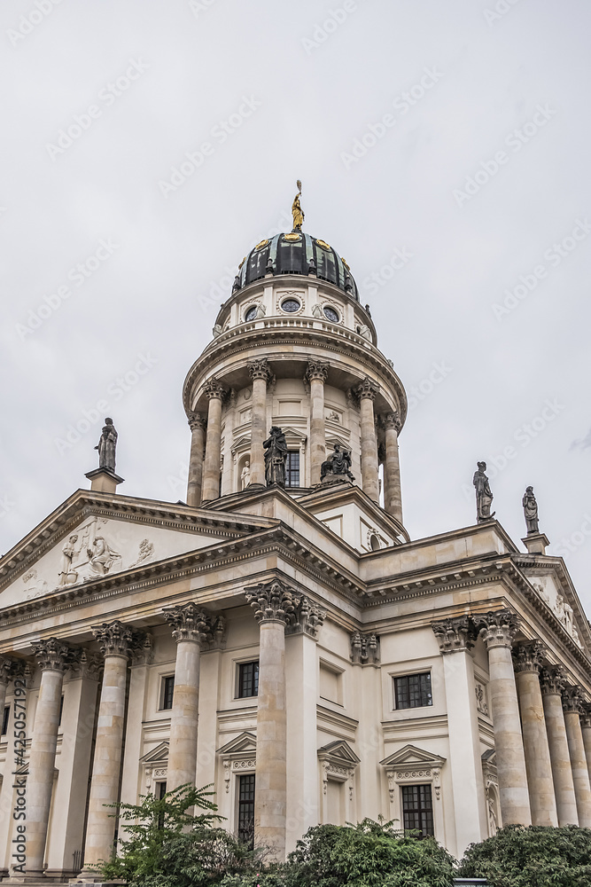 Architectural fragments of French Cathedral (Franzoesischer Dom, 1705) at the Gendarmenmarkt. Berlin, Germany.