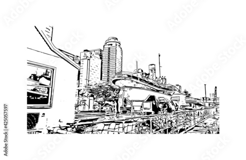 Building view with landmark of Durban is the 
city in South Africa. Hand drawn sketch illustration in vector.