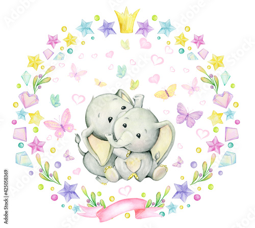 Elephants, round frame, butterflies, crystals, heart, crown. Watercolor clip art, on an isolated background, for Valentine's Day.