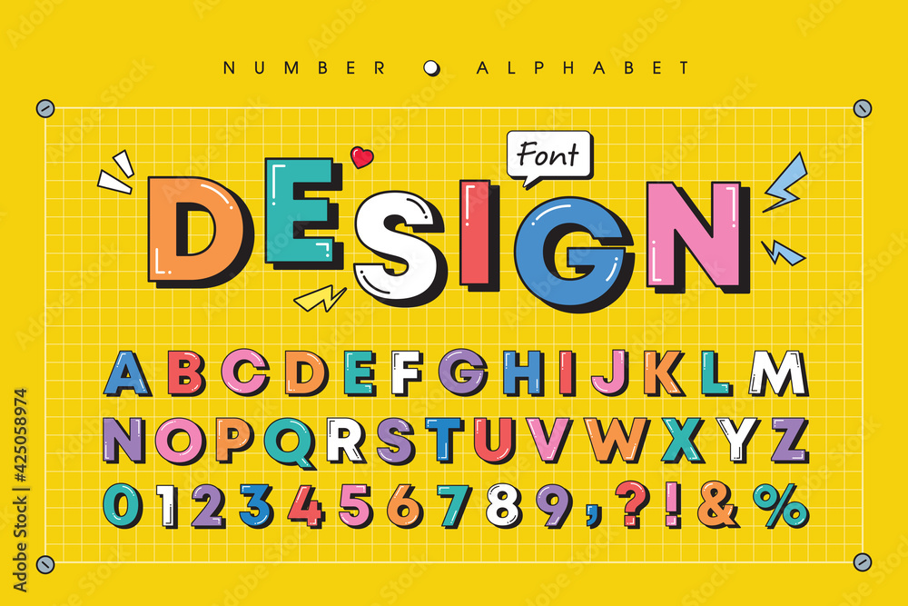 Modern playful alphabet letter and number set. Bright, vivid multicolor funky font or typography. Vector bold font for poster, flyer, book cover, greeting card, product packaging, graphic print, etc.