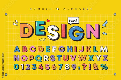 Modern playful alphabet letter and number set. Bright, vivid multicolor funky font or typography. Vector bold font for poster, flyer, book cover, greeting card, product packaging, graphic print, etc. photo