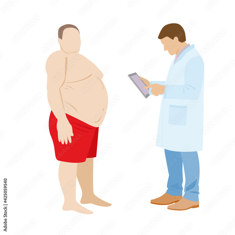 doctor and fat patient. the doctor examines the obese patient. fat man. stock vector illustration.