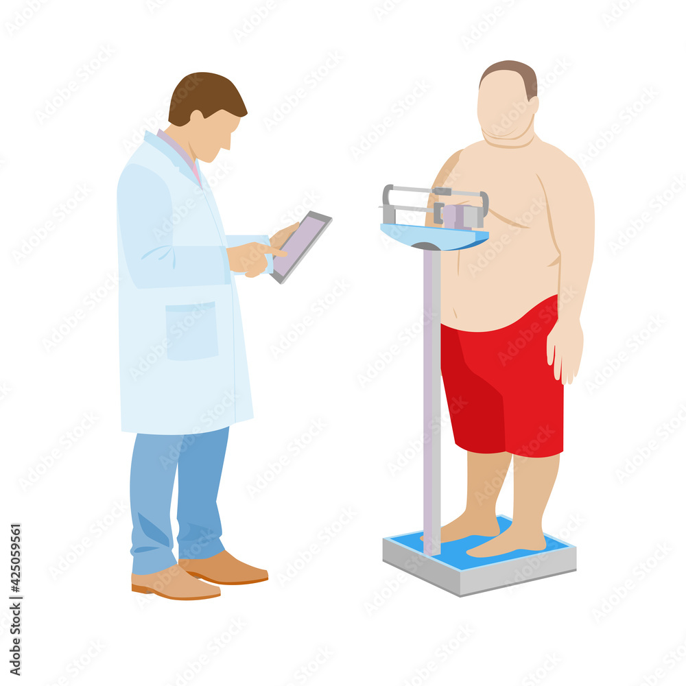 A doctor weighs a fat man. Obese patient examination by a doctor. weight control. medical scale. stock vector illustration on white background.
