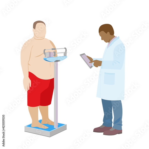 Black doctor weighs a fat man. obese patient examination by a doctor. weight control on medical scales. stock vector illustration.
