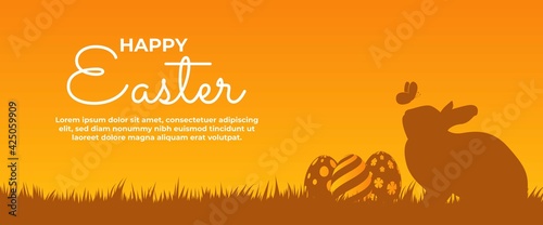 Easter banner design template. Modern banner design with a silhouette of grass, rabbit, butterfly, and egg. Usable for website, greeting card, banner, backdrop, and background. Vector design isolated.