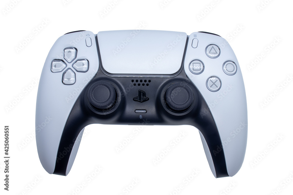 Playstation 5 game controller isolated on white background. Black and white  joystick of the gaming playstation five. Sony ps5 gamepad up close. Milano,  Italy, 25-04-21 foto de Stock