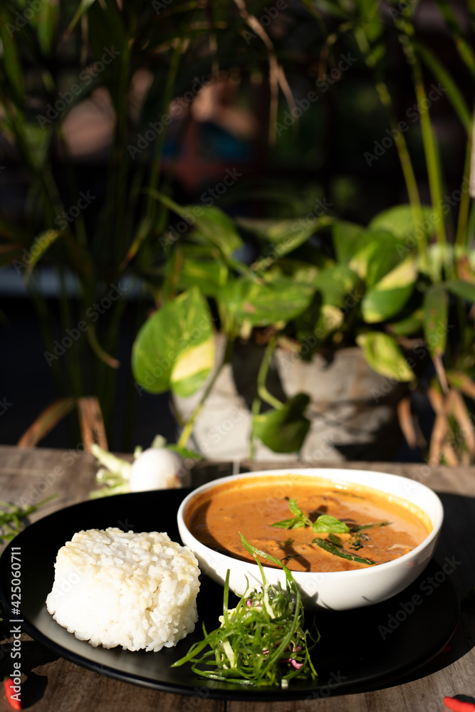 organic ayurvedic indian spicy vegetarian curry with rice and salad organic ayurvedic indian spicy vegetarian curry with rice and salad
