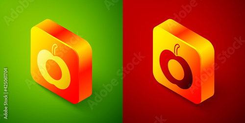 Isometric Peach fruit or nectarine with leaf icon isolated on green and red background. Square button. Vector