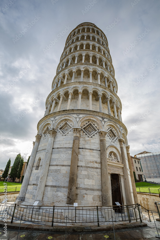 View of Pisa tower on Piazza dei Miracoli in Pisa, Tuscany, Italy. Detail