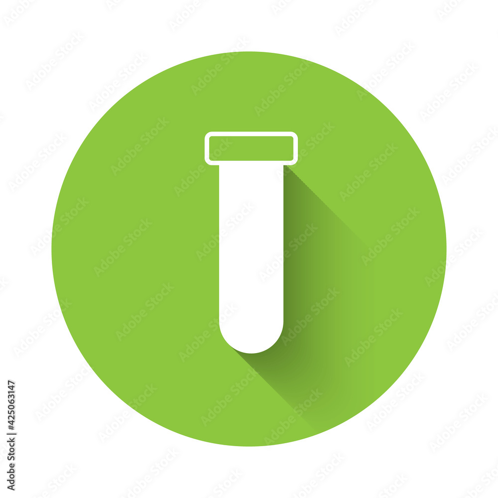 White Test tube and flask chemical laboratory test icon isolated with long shadow. Laboratory glassware sign. Green circle button. Vector White Test tube and flask chemical laboratory test icon isolated with long shadow. Laboratory glassware sign. Green circle button. Vector