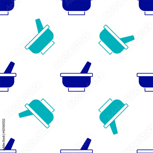 Blue Mortar and pestle icon isolated seamless pattern on white background. Vector