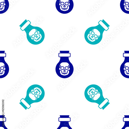 Blue Poison in bottle icon isolated seamless pattern on white background. Bottle of poison or poisonous chemical toxin. Vector