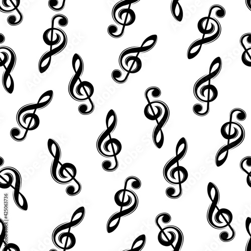 Music notes background, treble clef, musical seamless pattern, vector illustration.