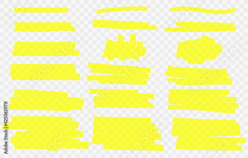 Hand drawn yellow highlight marker lines isolated on transparent background. Set of yellow hand drawn strokes. Concept of stain strokes. Stylish highlight elements for design. Vector illustration