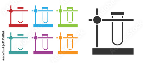 Black Glass test tube flask on stand icon isolated on white background. Laboratory equipment. Set icons colorful. Vector