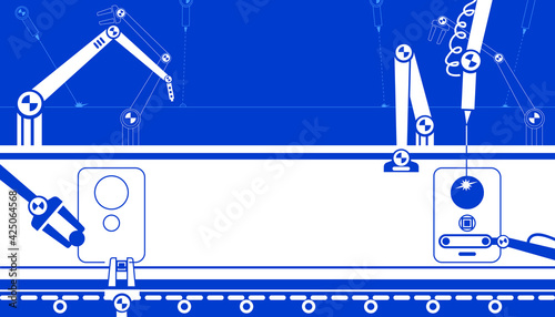 The robotic arm in production line of manufacturing industry with conveyor and blank space. ..Vector illustration of futuristic technology concept...