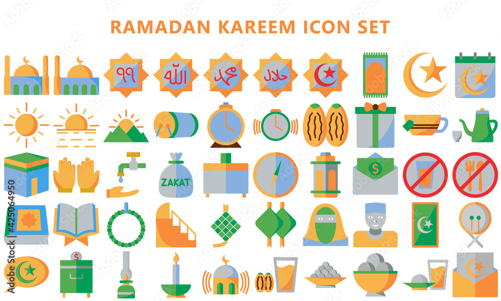 set of popular islamic ramadan icon with multi color style, use for islamic event, web icon or pictogram assets, ramadhan, ramadan kareem, eid mubarak, vector eps 10, ready convert to SCG