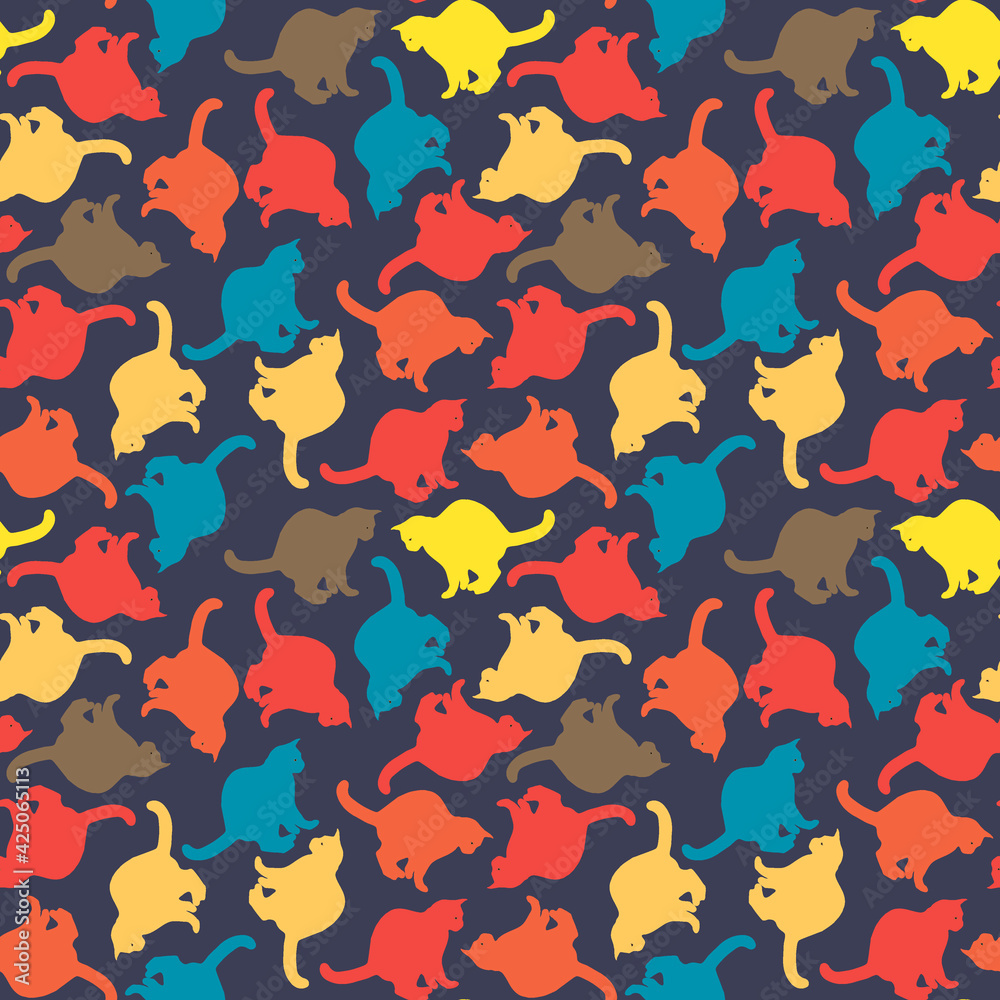 Seamless texture or endless pattern - colored cats. Wallpaper, background for a site or blog, textiles, packaging.