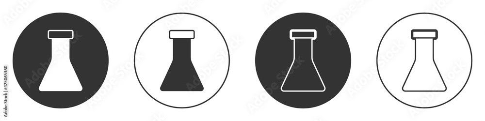 Black Test tube and flask chemical laboratory test icon isolated on white background. Laboratory glassware sign. Circle button. Vector Black Test tube and flask chemical laboratory test icon isolated on white background. Laboratory glassware sign. Circle button. Vector