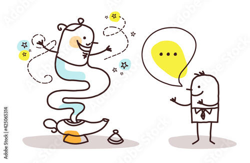 Cartoon Man making a Wish with the Genie of the Lamp