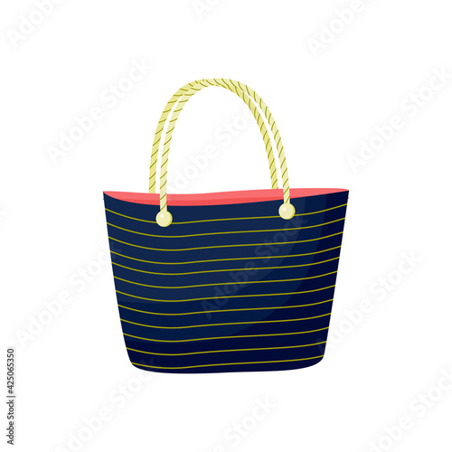 a navy navy-style beach bag with beige stripes and rope handles. summer or shopping clipart, icon. Vector illustration on a white background in the style of flat cartoon isolated