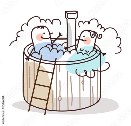 Cartoon Couple relaxing in an outdoor Jacuzzi