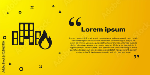 Black Fire in burning buildings on city street icon isolated on yellow background. Destroyed city on fire. Vector