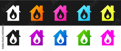 Set Fire in burning house icon isolated on black and white background. Vector