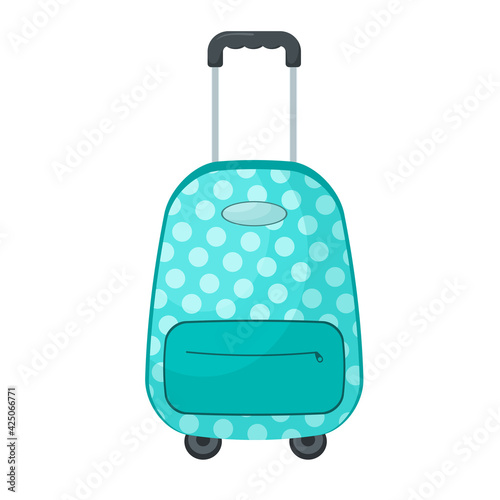 Vector travel suitcase in cartoon style. Light blue baggage with print. Illustration isolated on white background. Vacation bag.
