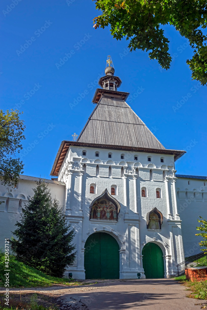 Monastery wall and tower. Savvino - Storozhevsky monastery, city of Zvenigorod, Russia