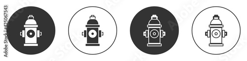 Black Fire hydrant icon isolated on white background. Circle button. Vector