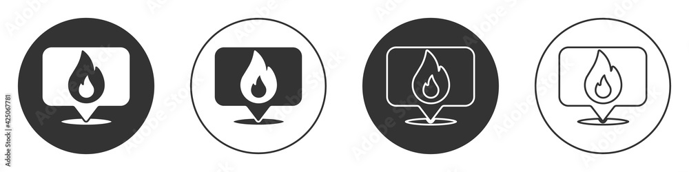 Black Map pointer with fire flame icon isolated on white background. Fire nearby. Circle button. Vector Black Map pointer with fire flame icon isolated on white background. Fire nearby. Circle button. Vector