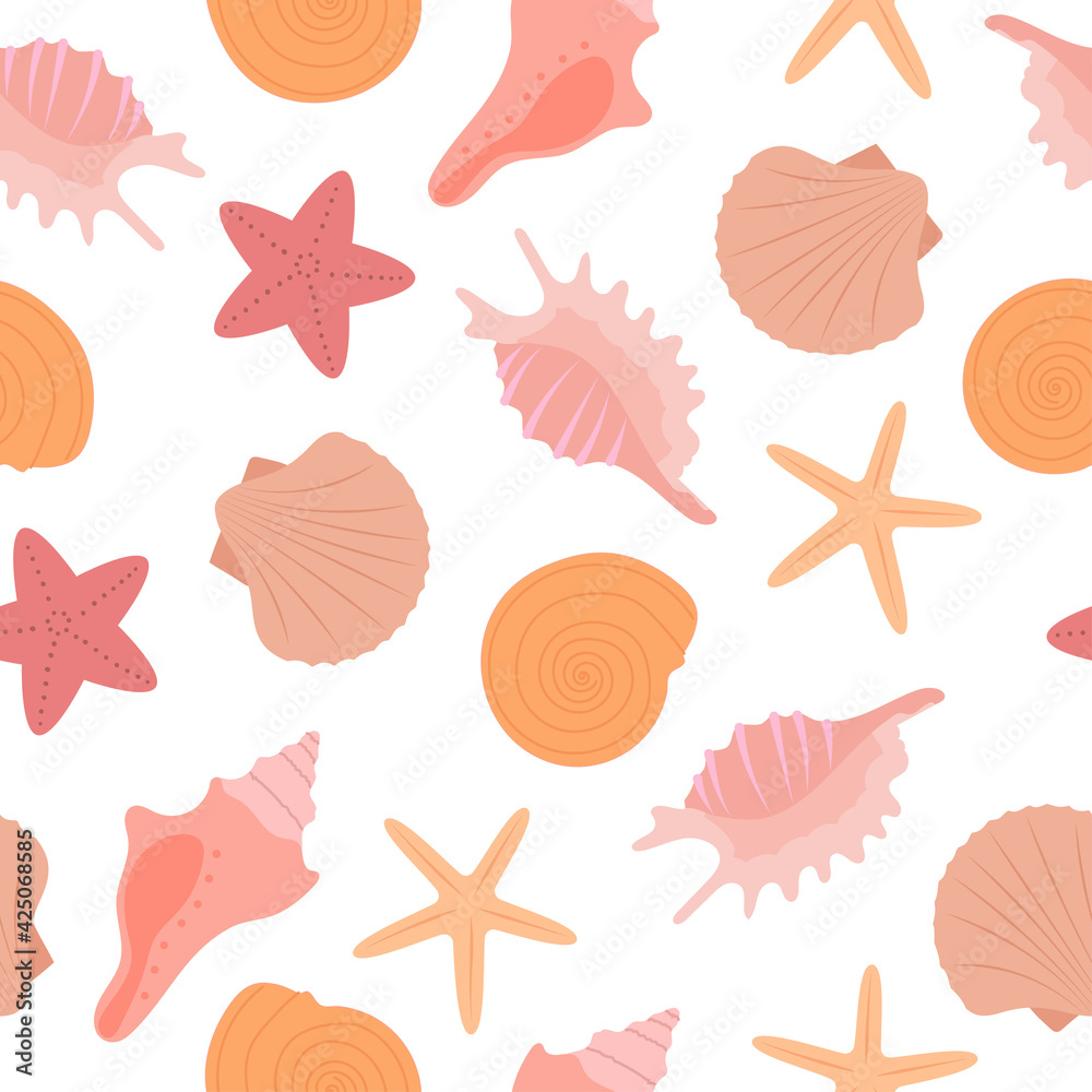  Pastel seashell and starfish on white background. Seamless pattern. Creative marine texture. Great for fabric, textile, wrapping paper