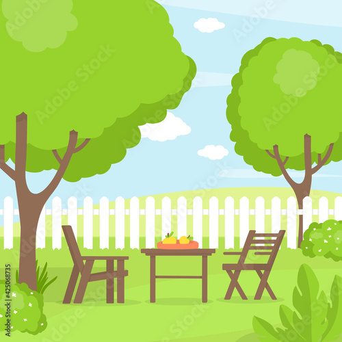 Back yard with grass, trees and shrubs. Table and chairs garden furniture on the background of the fence. A place for games, recreation and parties. Vector illustration.