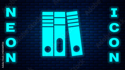 Glowing neon Office folders with papers and documents icon isolated on brick wall background. Office binders. Archives folder sign. Vector