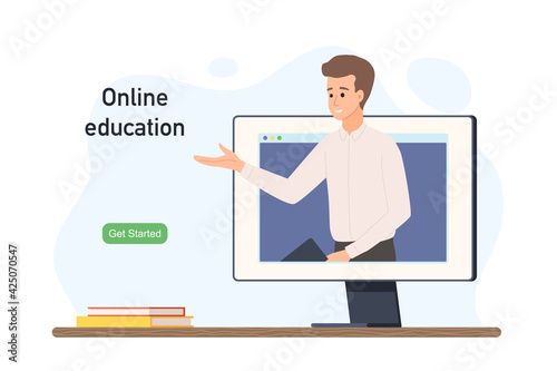 Online education at school and university. Distance lessons with a teacher. Video course, siminar, master class on the Internet. Educator at the computer screen. E-learning banner. Vector illustration photo