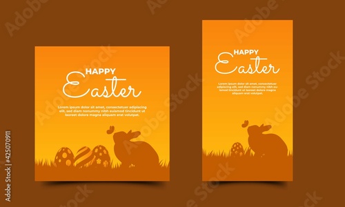 Easter sale promotion banner. Modern banner with silhouette of rabbit, egg, butterfly, and grass illustration. Suitable for social media feed, story, banner, card, and website. Vector design isolated
