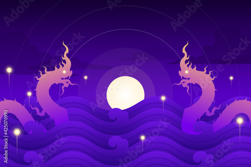 Naga or thai dragon in the water with full moon