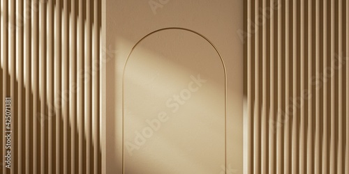 Fototapeta Naklejka Na Ścianę i Meble -  3d render. Abstract beige background with empty arch frame and sunlight on the wall. Modern minimal showcase scene for product presentation