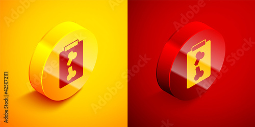 Isometric X-ray shots icon isolated on orange and red background. Circle button. Vector