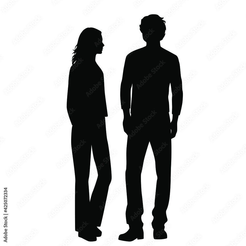 Vector silhouettes of  man and a woman, a couple of standing  business people, profile, black  color isolated on white background