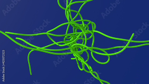 Green rope flying. Blue background. Abstract illustration, 3d render.