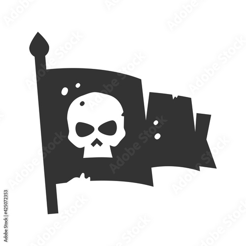 Pirate flag with skull on cloth bold black silhouette icon, pictogram isolated on white. photo