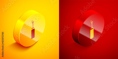 Isometric Awl tool with wooden handle icon isolated on orange and red background. Work equipment tailor industry. Circle button. Vector © Kostiantyn