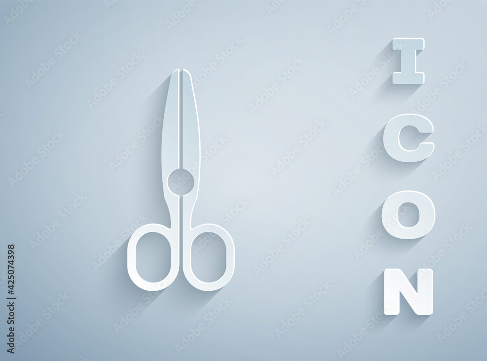 Paper cut Scissors icon isolated on grey background. Tailor symbol. Cutting tool sign. Paper art style. Vector Paper cut Scissors icon isolated on grey background. Tailor symbol. Cutting tool sign. Paper art style. Vector