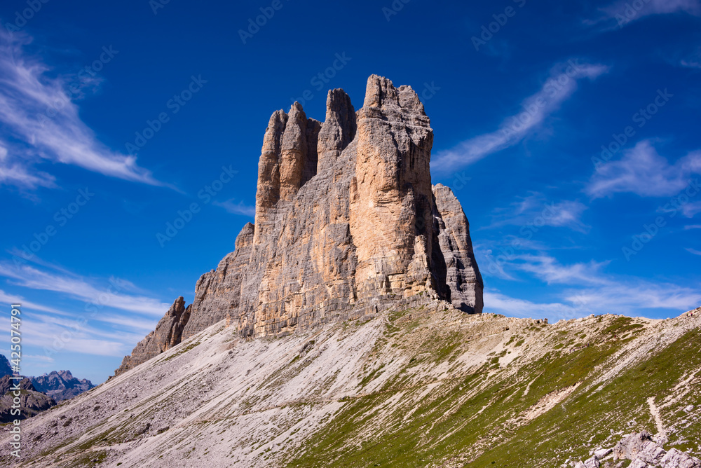 Tre cime di Lavaredo mountain peaks in Italy, a famous travel destination in Dolomite mountains