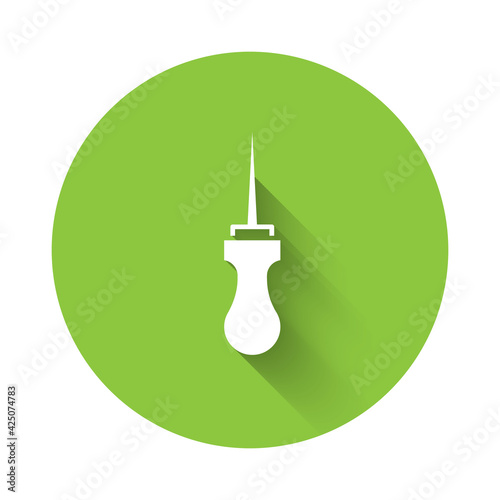 White Awl tool with wooden handle icon isolated with long shadow. Work equipment tailor industry. Green circle button. Vector