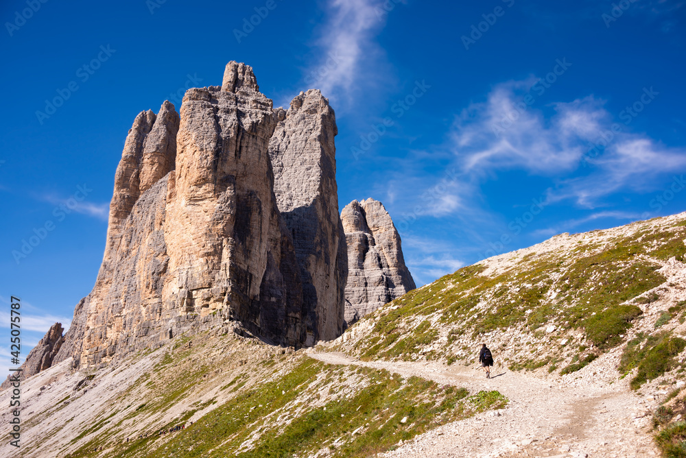 Tre cime di Lavaredo mountain peaks in Italy, a famous travel destination in Dolomite mountains Tre cime di Lavaredo mountain peaks in Italy, a famous travel destination in Dolomite mountains