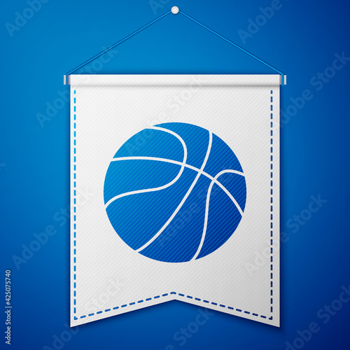 Blue Basketball ball icon isolated on blue background. Sport symbol. White pennant template. Vector